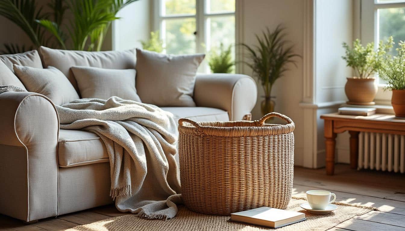 Idées pour utiliser un panier en rotin comme rangement élégant des plaids